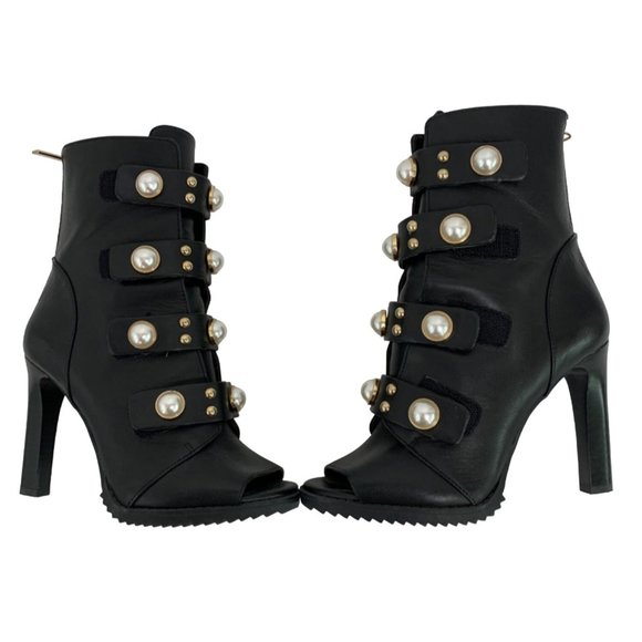 Karl Lagerfeld Stud Size 6.5 Womens Peep Toe Bootie Boot High 6536 Leather Black - Picture 1 of 14